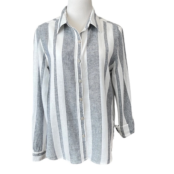 Orvis Linen-Blend Women’s Navy Blue & White Striped Blouse Size Medium - Picture 1 of 10